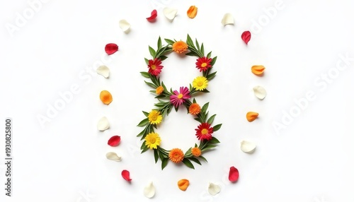 Eight made of vibrant flowers surrounded by colorful petals on a plain background celebrating nature's beauty and creativity