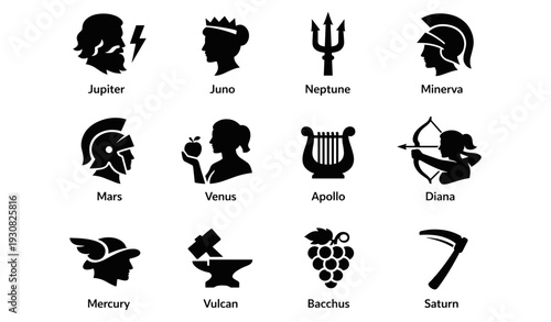 Silhouettes of roman deities and symbols: jupiter, juno, neptune, minerva, mars, venus, apollo, diana, mercury, vulcan, bacchus, saturn
