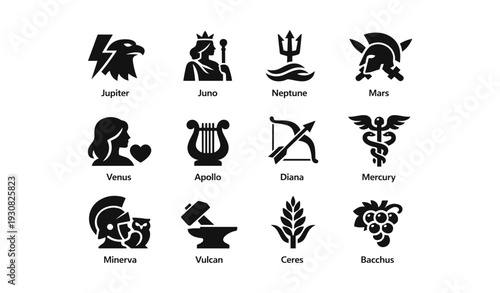 Icons of roman gods and goddesses: jupiter, juno, neptune, venus, apollo, mars