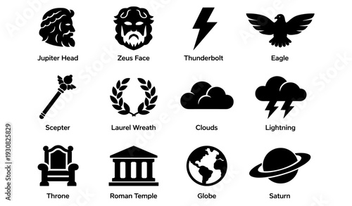 Mythology symbols: jupiter, zeus, thunderbolt, eagle, scepter, laurel, clouds, lightning, throne, roman, globe, saturn