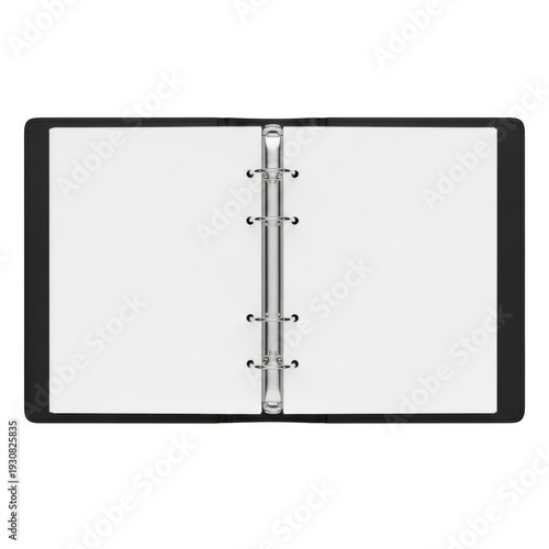 Open Black Ring Binder with Blank White Pages on White Background