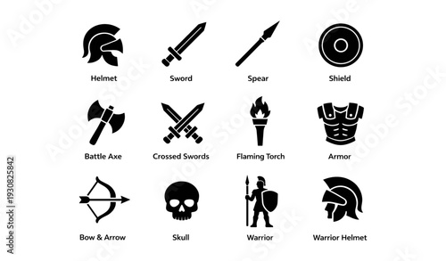 Set of black warrior icons: sword, shield, spear, armor, bow, skull