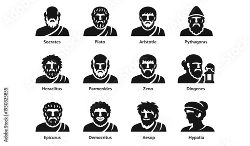 Ancient philosophers icons: socrates, plato, aristotle, pythagoras, heraclitus, diogenes
