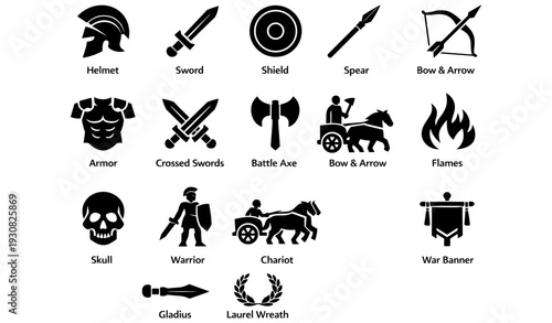 Ancient warfare icons: helmet, sword, shield, chariot, skull, warrior, laurel wreath