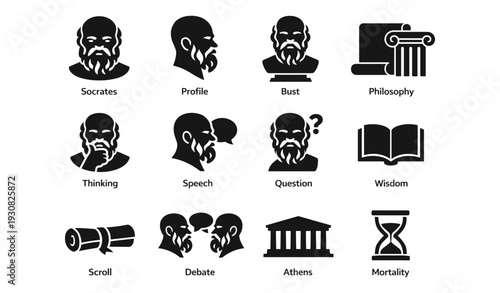 Socrates icons: bust, profile, speech, debate, philosophy symbols
