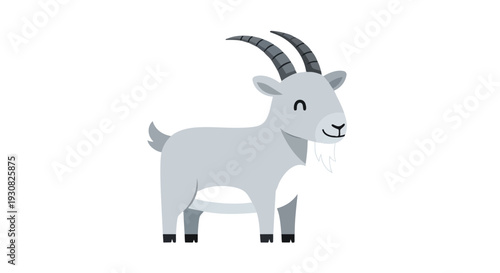 Charming stylized illustration of a friendly grey goat with prominent horns and a gentle smile on a pure white background