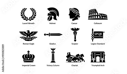 Ancient roman icons: laurel wreath, coliseum, gladius, imperial crown, chariot