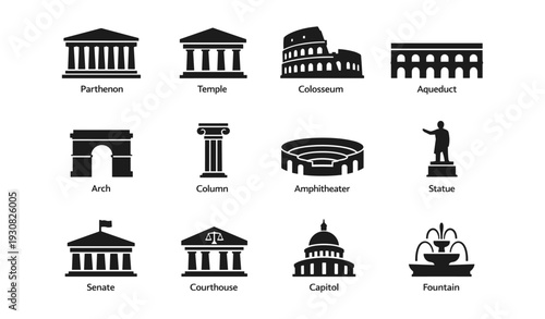 Ancient roman architecture icons featuring parthenon, colosseum, and more