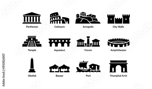 Icon set of ancient greek and roman structures: parthenon, colosseum, acropolis, more