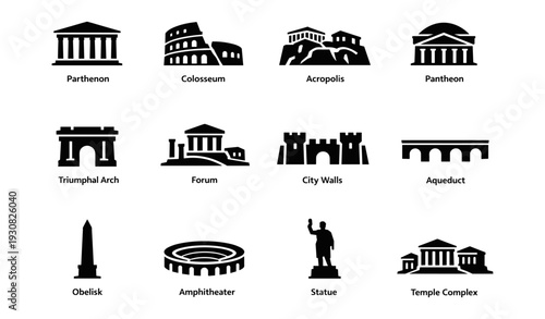 Iconic ancient structures collection: parthenon, colosseum, acropolis, pantheon, arch