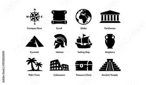 Icons of travel and history: compass, globe, parthenon, pyramid, ancient symbols