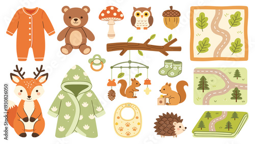 Cute baby animal stickers with toys and clothes in a playful collection for kids