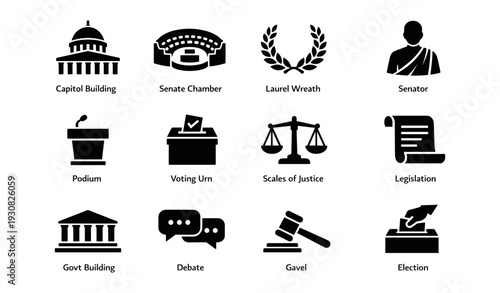 Political symbols set including capitol building, senate chamber, debate icons, and voting elements