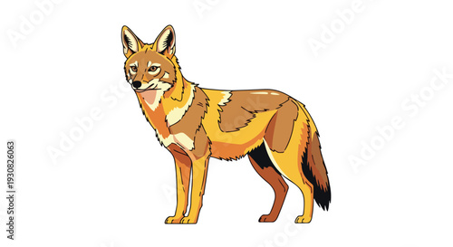 Stylized illustration of a golden coyote with distinct markings and alert stance against a white background showcasing its fur patterns