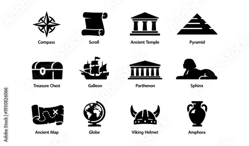 Ancient symbols: compass, scroll, temple, pyramid, treasure, galleon, parthenon, sphinx, map, globe, viking helmet, amphora