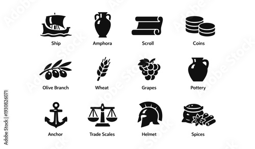 Ancient symbols collection: ship, amphora, scroll, coins, olive branch, wheat, grapes, pottery, anchor, helm