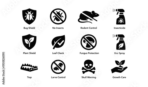 Pest management icons for insects rodents plants eco-friendly sprays