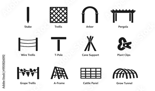 Garden structures: stake, trellis, arbor, pergola, wire, t-poles, supports