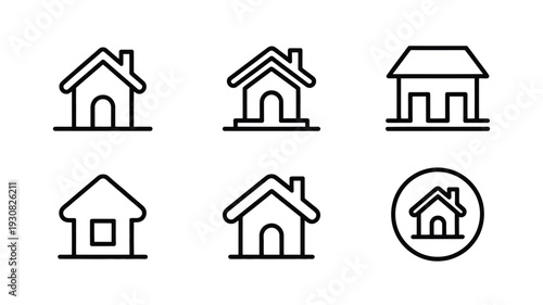 Home outline icon collection with 5 house variations isolated on white background