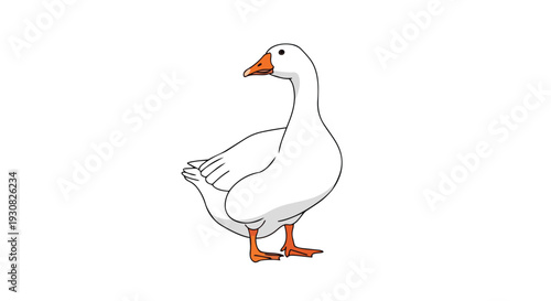 Artistic depiction of a pristine white goose with an orange beak standing gracefully against a stark white background