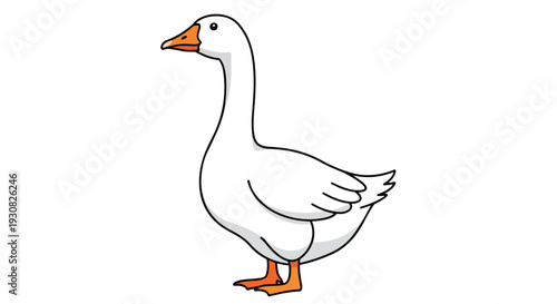 A Whimsical Cartoon Illustration of a White Goose Standing Proudly with an Orange Beak and Feet on a Blank Background