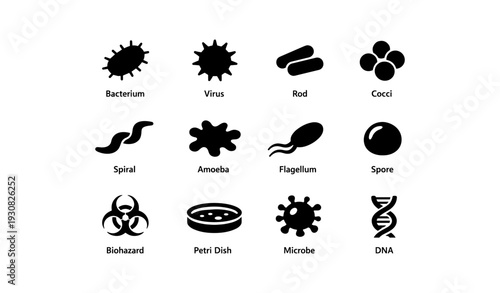 Black silhouette icons of various microbes and biohazards