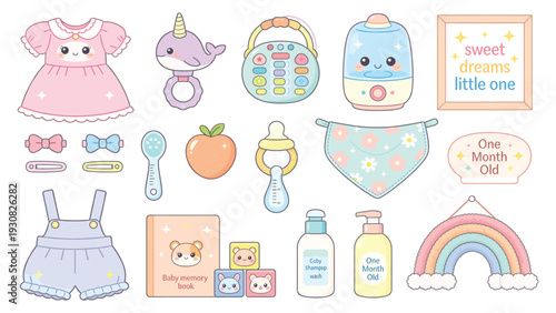 A collection of cute baby stickers with toys, clothes, and accessories displayed together in a playful set of illustrations.