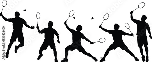 Badminton player silhouettes collection, shuttlecock action poses, black vector illustration of competitive racket sport, speed, agility, and movement