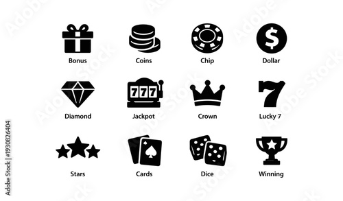 Casino symbols set: bonus, coins, chips, dollar, diamond, jackpot, crown, lucky 7, stars, cards, dice, winning