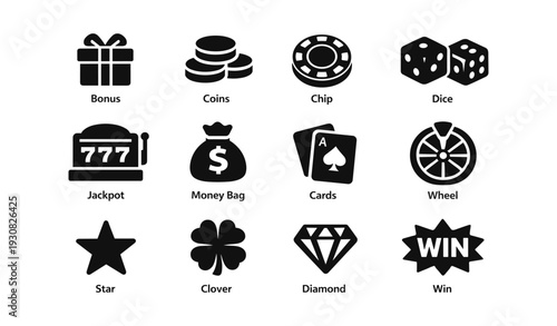 Casino icons collection: bonus, coins, chip, dice, jackpot, money bag, cards, wheel, star, clover, diamond, win