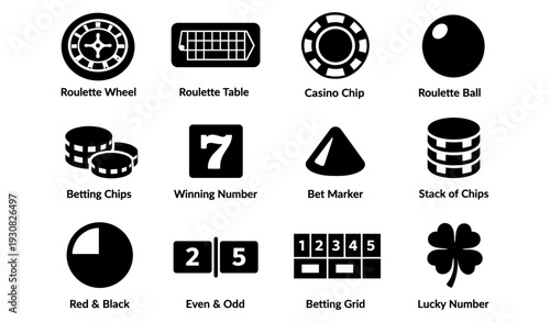 Casino symbols: roulette wheel, table, chips, betting tools illustrated