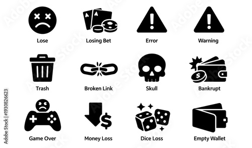 Symbols of loss: dice, error, bankrupt, broken link, empty wallet, game over