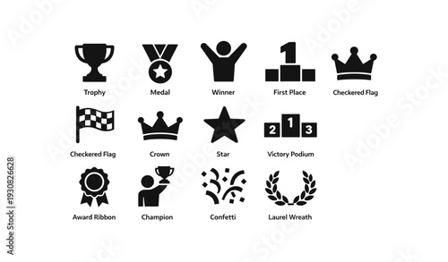 Icons of victory: trophy, medal, winner, first place, laurel wreath