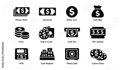 Black and white money icons: banknote, coins, atm, cash register, and casino chips