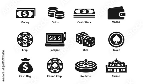 Casino icons collection featuring money, chips, slot machines, and casino elements