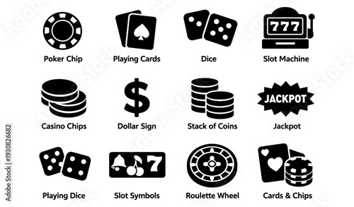 Casino game icons including poker chips, cards, dice, slot machine, and roulette wheel