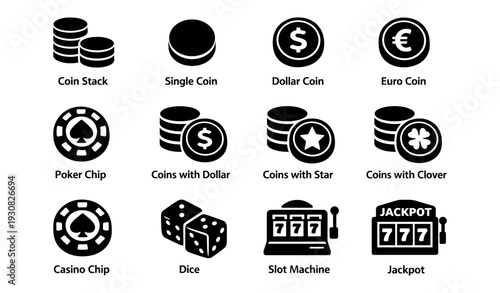 Casino symbols collection: coins, chips, dice, slot machine, jackpot icons