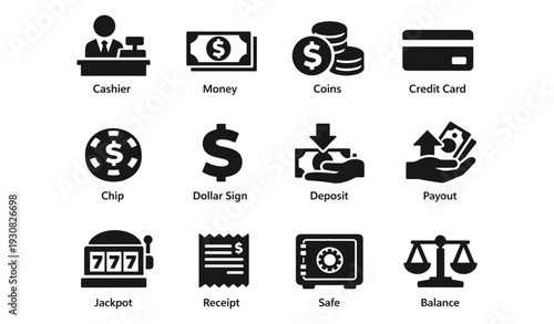 Financial icon set featuring cashier, money, coins, credit card, and more