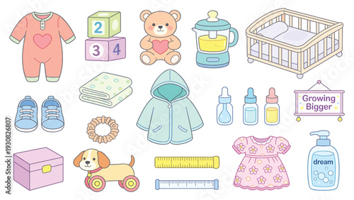 Adorable baby collection set with cute stickers, toys, clothes, and accessories displayed together in a digital illustration