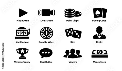 Casino icons: play, stream, chips, cards, slot, roulette, dice