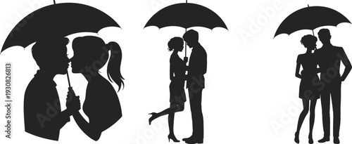 Romantic couples under umbrellas silhouette vector illustration, love and intimacy concept, kissing, hugging, timeless romance artwork, decorative design for Valentine’s Day themes
