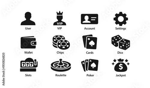 Casino icons collection: user, vip, account, settings, wallet, chips, cards, dice, slots, roulette, poker, jackpot