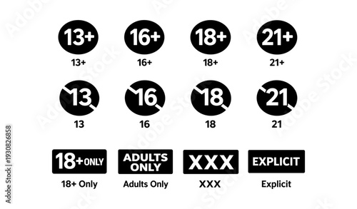 Black and white age restriction symbols for 13+, 16+, 18+, 21+ with explicit content labels