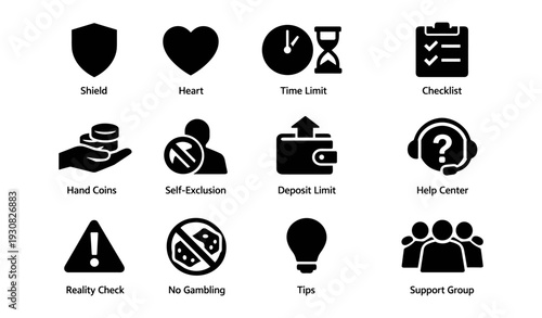 Gambling safety icons: shield, heart, time limit, checklist, support group symbols