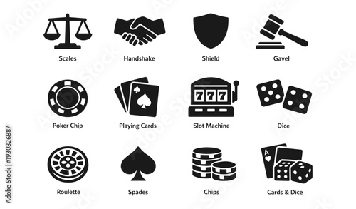 Set of casino and legal icons: scales, handshake, shield, gavel, poker, dice