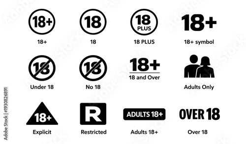 18+ symbols and icons for age restriction and adult content warning