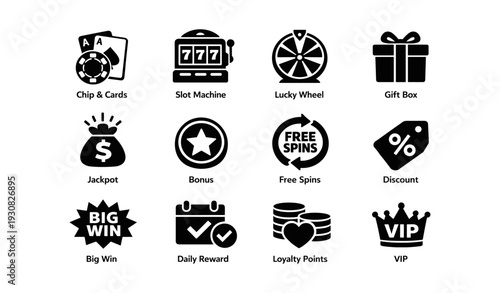 Casino icons: chip, slot machine, lucky wheel, gift box, jackpot, bonus, free spins, discount