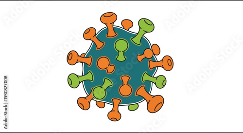 Stylized illustration of a virus particle with spike proteins, resembling a coronavirus, depicted in blue-green, orange, and green colors on a white background.