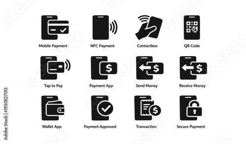 Mobile payment icons: nfc, qr code, contactless, wallet app, secure transaction