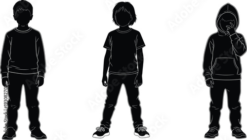 Children silhouettes collection, boys and girls standing poses, casual clothing and hoodie styles, childhood and youth concepts, black vector illustration